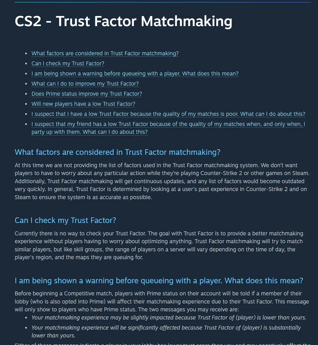 Valve's CS2 Trust Factor Matchmaking FAQ on Steam Support