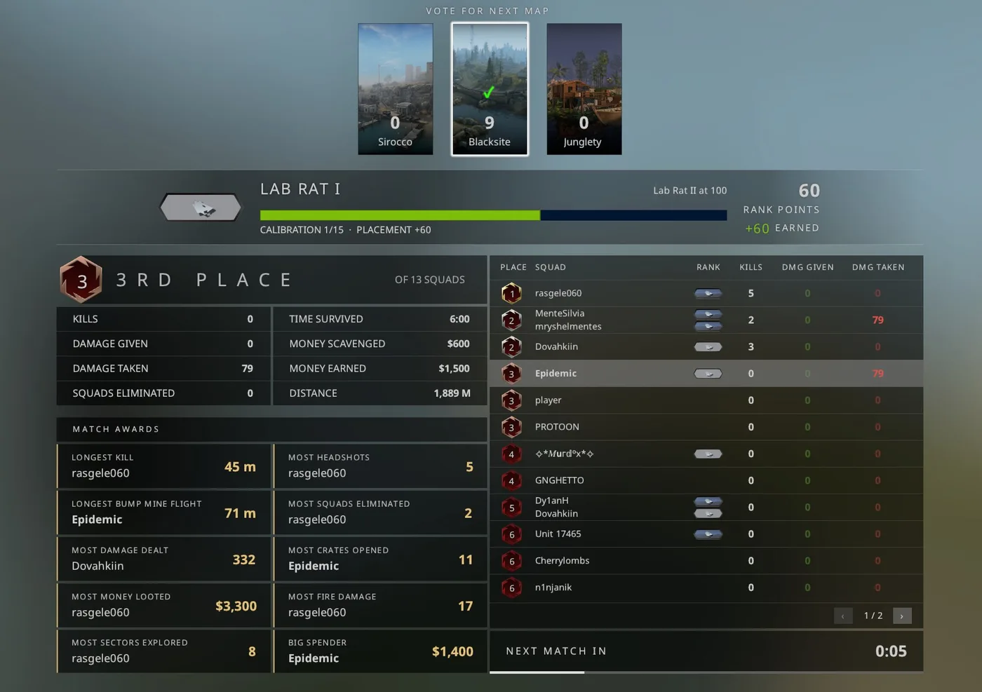 The new end-of-game screen with the ranking and the vote for the next map