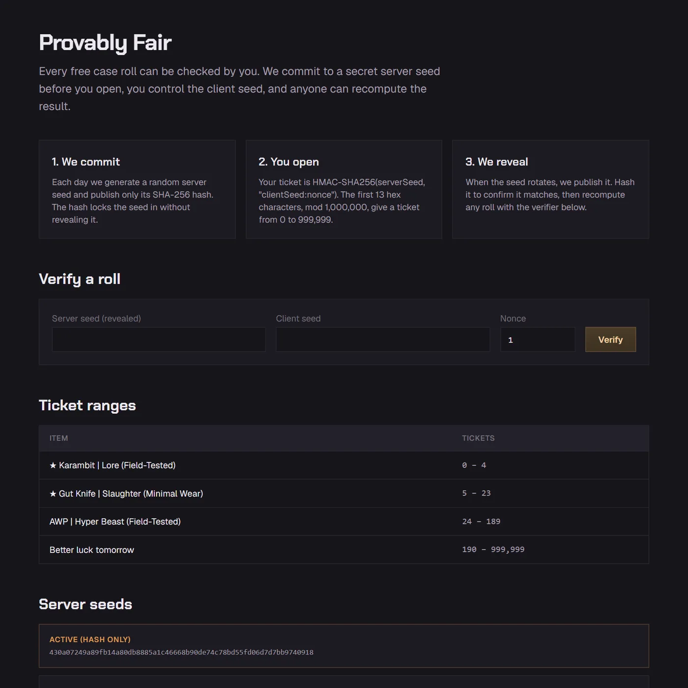 The Betrefs provably fair page: how a roll is made, the verifier, ticket ranges and server seeds