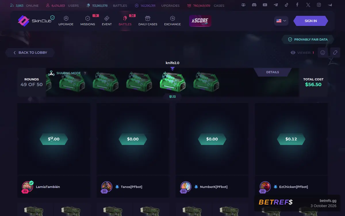 A case battle in progress on Skin.Club