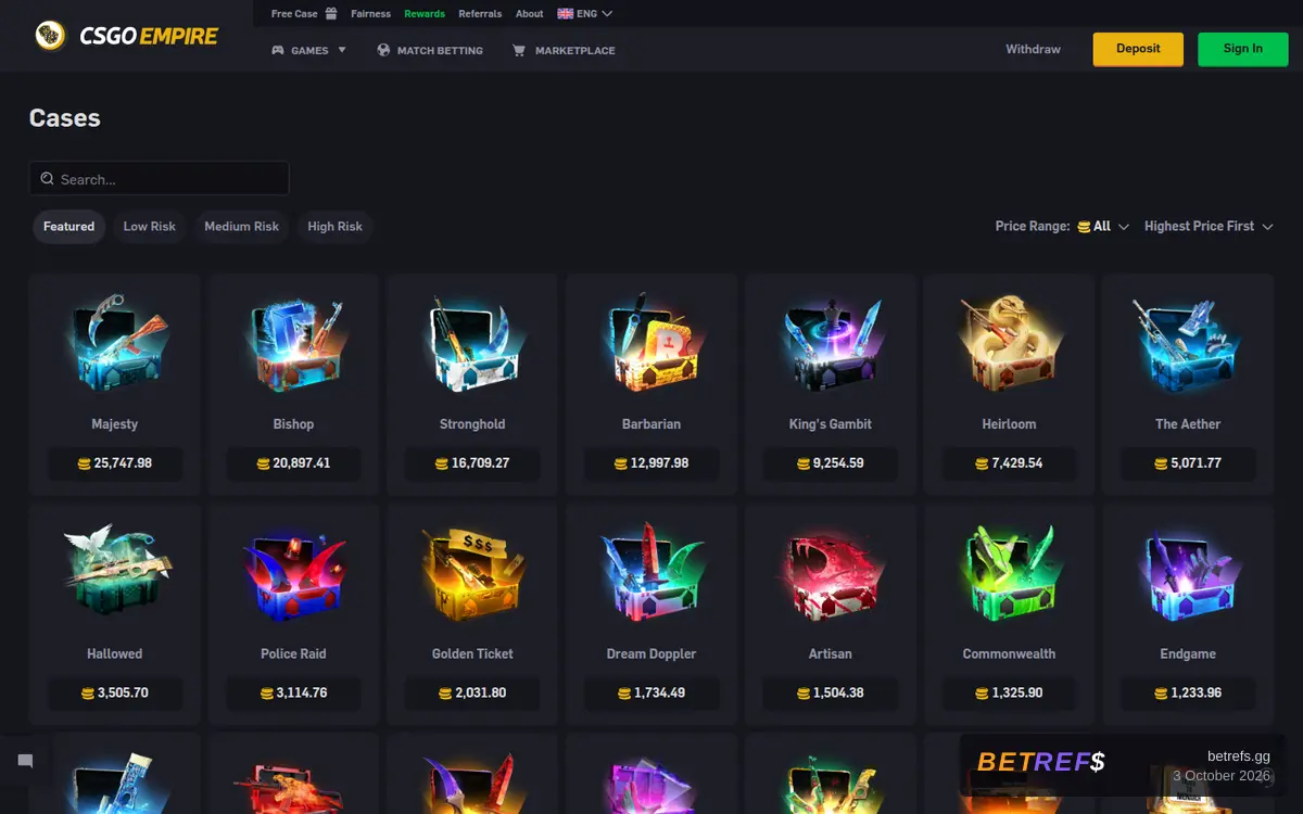 CSGOEmpire's case opening page