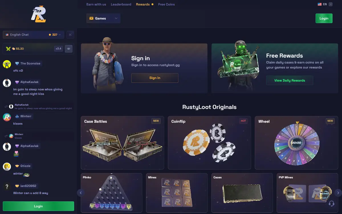RustyLoot's homepage with its originals: case battles, coinflip, wheel, plinko and mines