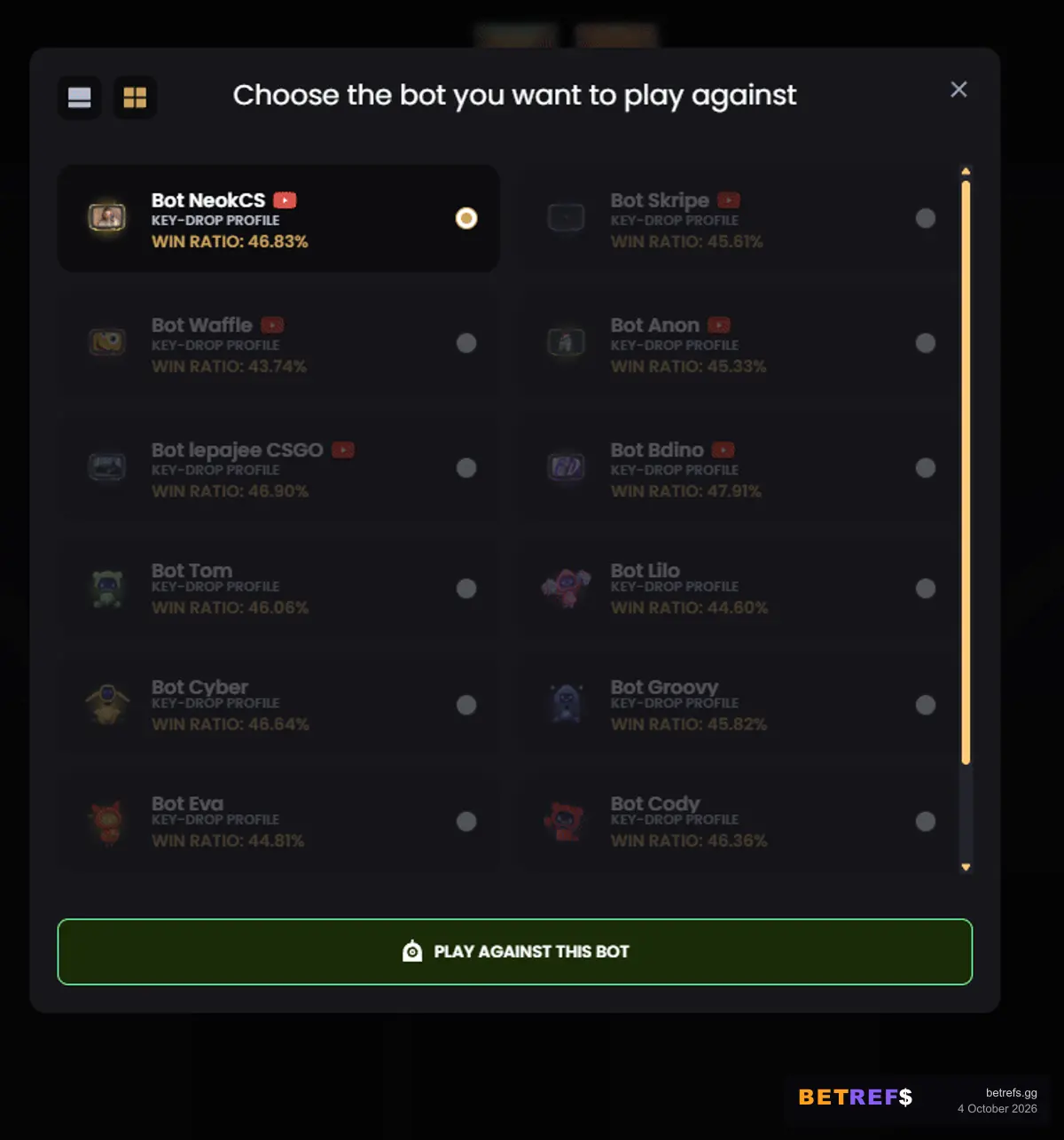 Choosing a Key-Drop bot to battle, each with a win ratio
