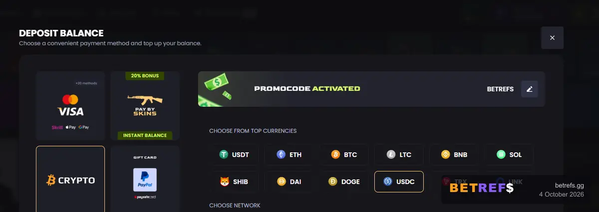 Key-Drop's deposit window with code BETREFS activated