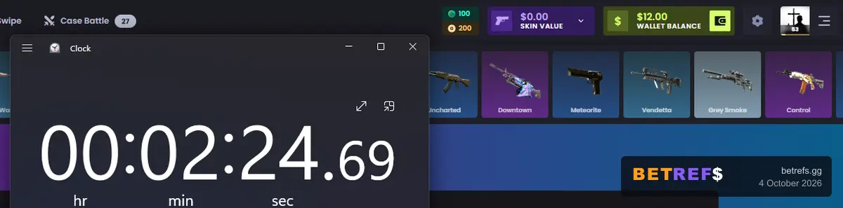 Stopwatch at 2:24 next to a $12.00 Key-Drop balance