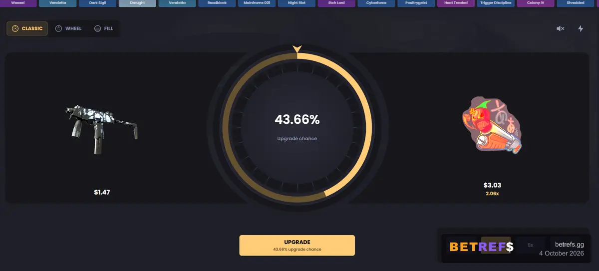 Key-Drop upgrader showing a 43.66% chance at 2.06x